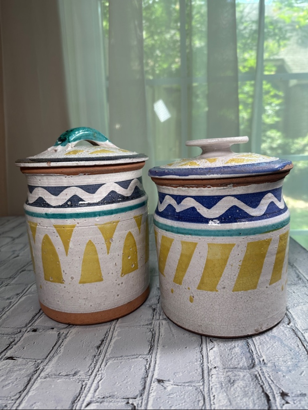 2 Navajo Southwestern Pottery Canisters Handmade 9-10” turquoise yellow blue - Picture 1 of 16